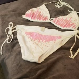 Beautiful Victoria's Secret Pink Sequins on White 2 pc Bikini Bathing Suit